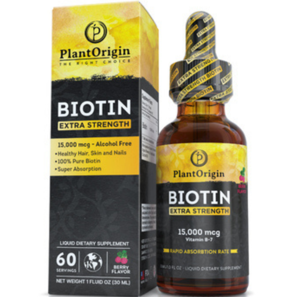 PLANTORIGIN EXTRA STRENGTH LIQUID BIOTIN DELIVERS 15,000 MCG PER SERVING AND IS:

Vegan
Kosher
Made in USA
Manufactured in a certified organic facility
Sugar-free
Stevia-free
Alcohol-free
Naturally berry flavored
Unlike many conventional supplements loaded with artificial additives, PlantOrigin focuses on clean beauty nutrition inspired by nature.

