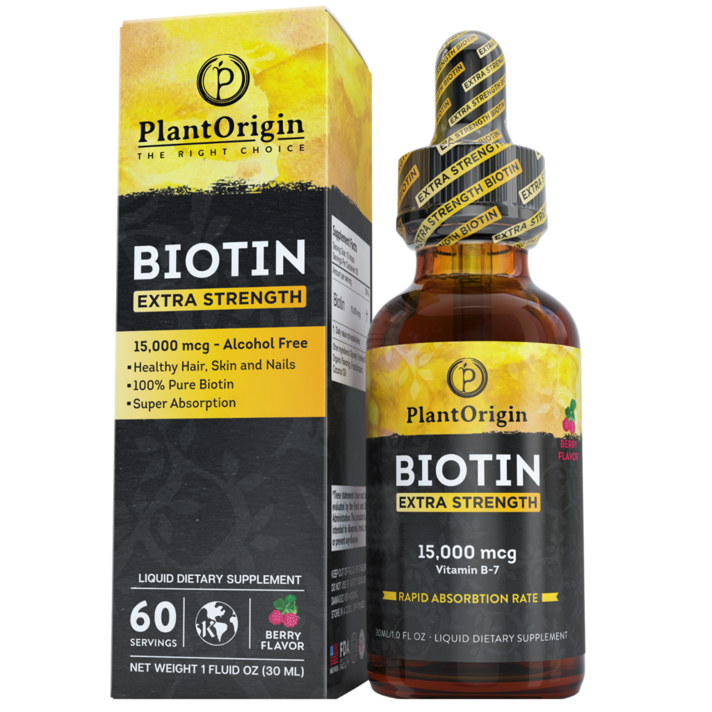 PlantOrigin Extra Strength Liquid Biotin is designed to complement a consistent wellness regimen. With 15,000 MCG of biotin per serving, this premium liquid supplement helps support stronger hair, healthier nails, & glowing skin. Often called an "all-over beauty vitamin," biotin is a valuable addition to many beauty & wellness routines.
Made in the USA, PlantOrigin Liquid Biotin features a delicious berry flavor & contains no sugar, stevia, or alcohol. It is vegan, kosher & manufactured in a certified organic facility, with all ingredients sourced organically.
