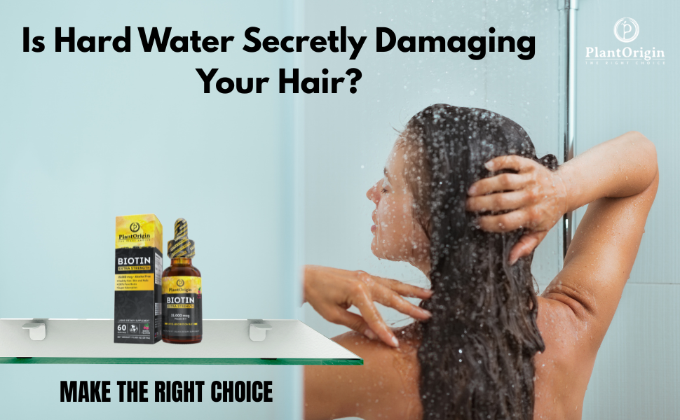 Healthy, shiny hair after reducing hard water mineral buildup with clarifying shampoo, deep conditioning & daily dose of PlantOrigin Extra Strength liquid biotin support for improved scalp health and hair. Healthy, shiny hair alongside PlantOrigin Extra Strength Liquid Biotin, highlighting a complete approach to hair wellness by reducing hard water buildup & supporting healthy hair from within. 
Healthy, shiny hair alongside PlantOrigin organic Vegan Extra Strength Liquid Biotin drops, highlighting a complete approach to hair wellness by reducing hard water buildup & supporting healthy hair from within. Healthy hair beside a filtered shower head, representing solutions for hard water hair damage removal & improved scalp health.
Infographic explaining how hard water affects hair &scalp, with tips for removing mineral buildup using clarifying shampoo, chelating shampoo, deep conditioning, & a filtered shower head. Plantorigin.com

