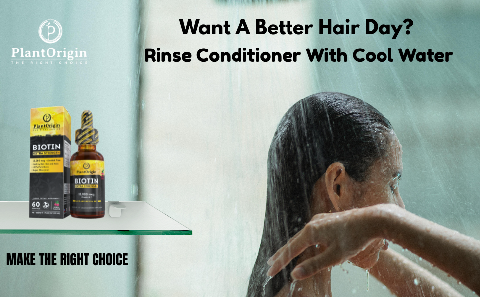 Woman rinsing conditioned hair with PlantOrigin.com cool water in the shower as part of a healthy hair-care routine designed to support smoother, shinier, less frizzy-looking hair and a comfortable scalp. PlantOrigin.com PlantOrigin Liquid Biotin,also known as vitamin B7, is an essential nutrient involved in normal macronutrient metabolism. A biotin deficiency can affect hair and nails. 
PlantOrigin Extra Strength Liquid Biotin provides 15,000 mcg of biotin in an easy-to-use liquid format. Made in the USA, it comes in a berry flavor and contains no sugar, stevia, or alcohol. The formula is vegan and kosher, and PlantOrigin states that it is manufactured in a certified organic facility using organic ingredients.
