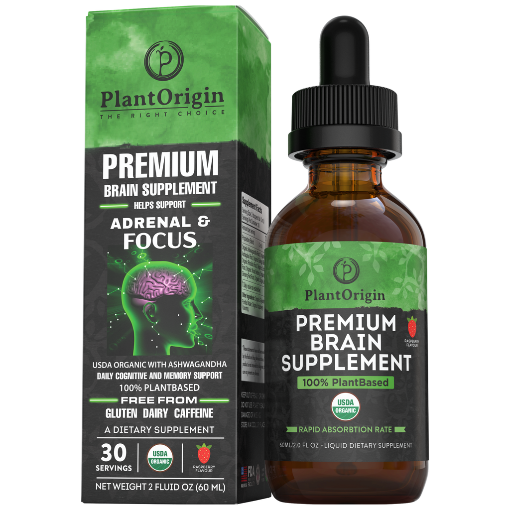 Image suggests that PlantOrigin Premium Brain supplement is a good choice for soothing anxiety. The PlantOrigin premium brain supplement is USDA certified organic , made in USA. It does not contain alcohol, sugar or caffeine. Ingredients include Ashwagandha, Gingco Biloba Ginseng, Licorice, Wood Betony, Rhodiola & Astragalus. 